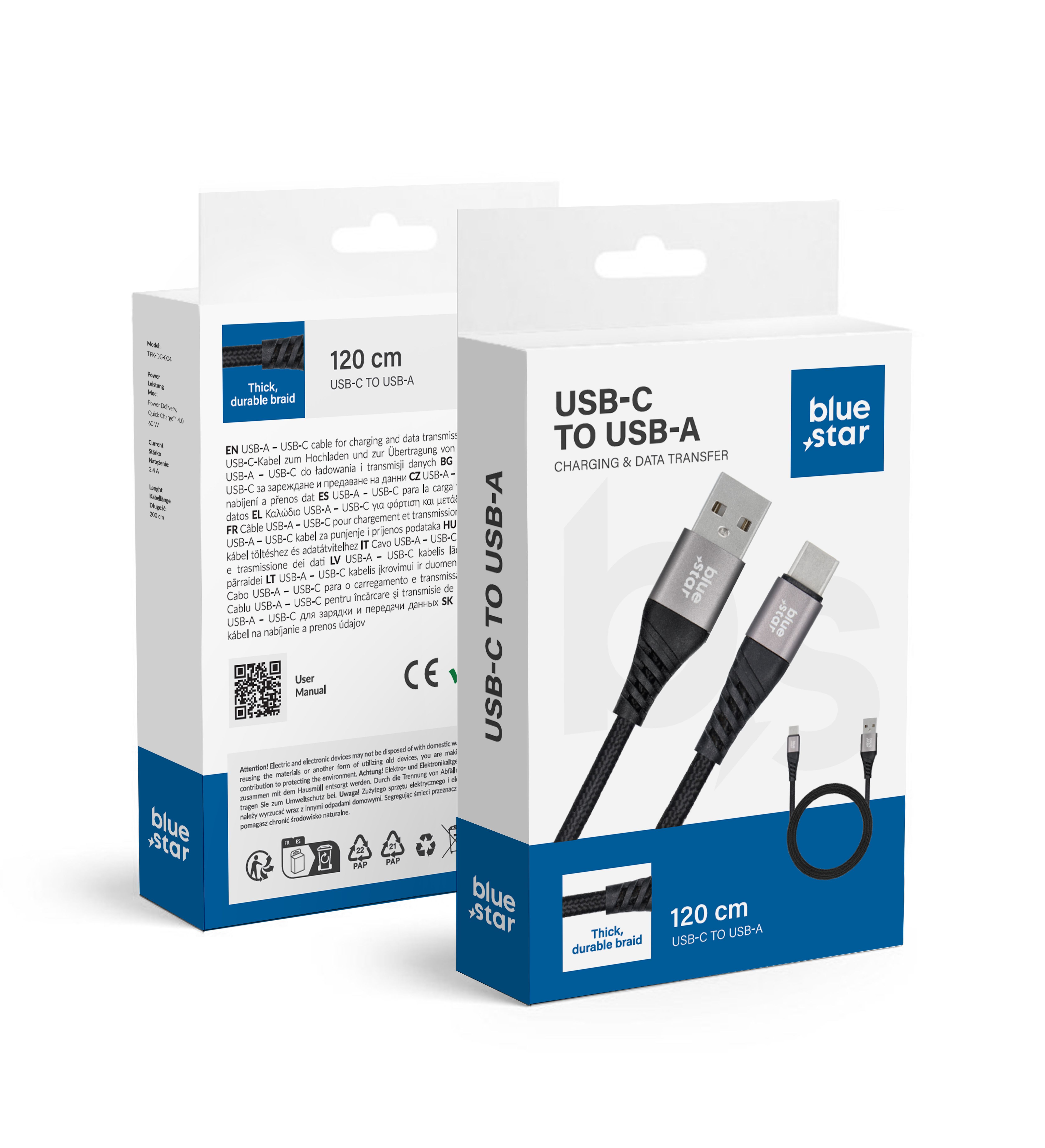 Kaapeli USB A - USB C Blue Star 3A 20W PD QC4.0 punoksella 1,2 m TFK-DC-003 musta