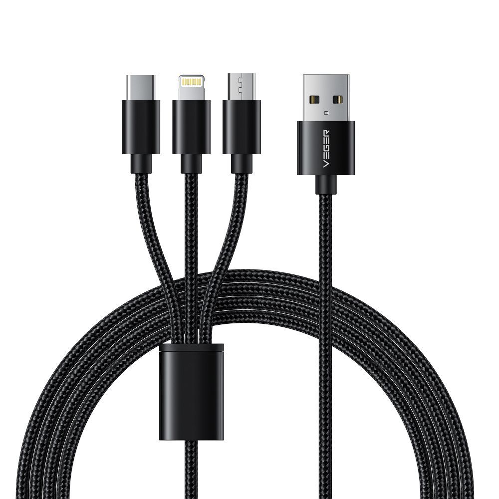 Kaapeli 3in1 USB A - Lightning / Typ C / Micro USB VEGER 2A 12W V303 1,2 m musta