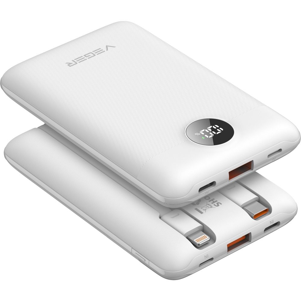 Ulkoinen akku Veger C11 (W1170) PD QC3.0 2A 22,5W 10000 mAh sisäänrakennetuilla USB C -kaapeleilla / Lightning valkoinen