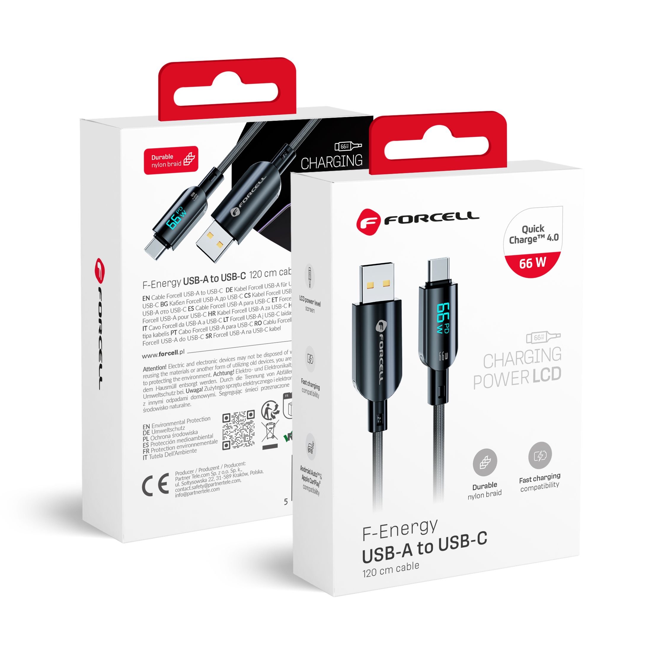 Kaapeli USB A - USB C Forcell F-Energy QC4.0 PD 3A 66W Digital 1,2 m C272 musta