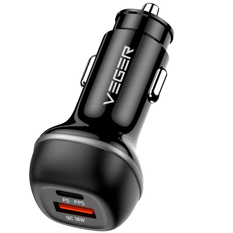 VEGER autolaturi USB A + USB C QC PD 51W CC62-1A1C musta