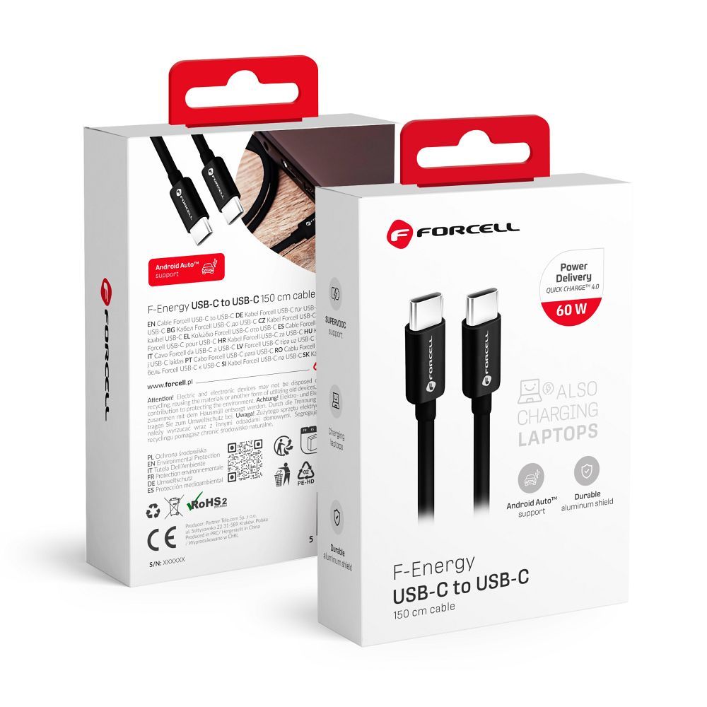 Kaapeli USB C - USB C Forcell F-Energy QC4.0 PD 3A 60W 1,5 m C338 musta