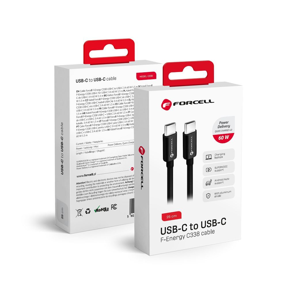 Kaapeli USB C - USB C Forcell F-Energy QC4.0 PD 3A 60W 0,25 m C338 musta