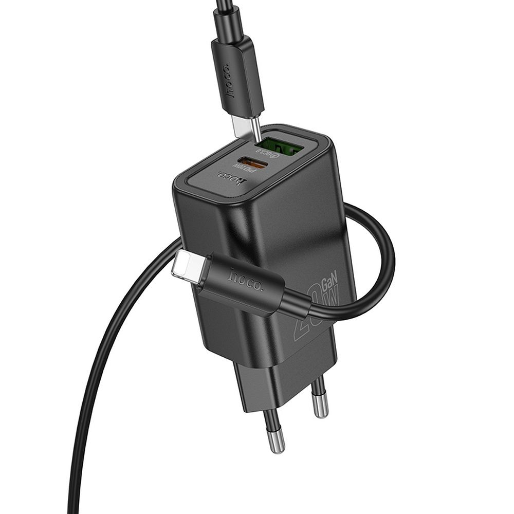 Puhelinlaturi Hoco USB-A + USB-C QC3.0 PD 3A 20W + USB-C - Lightning -kaapeli N61 musta