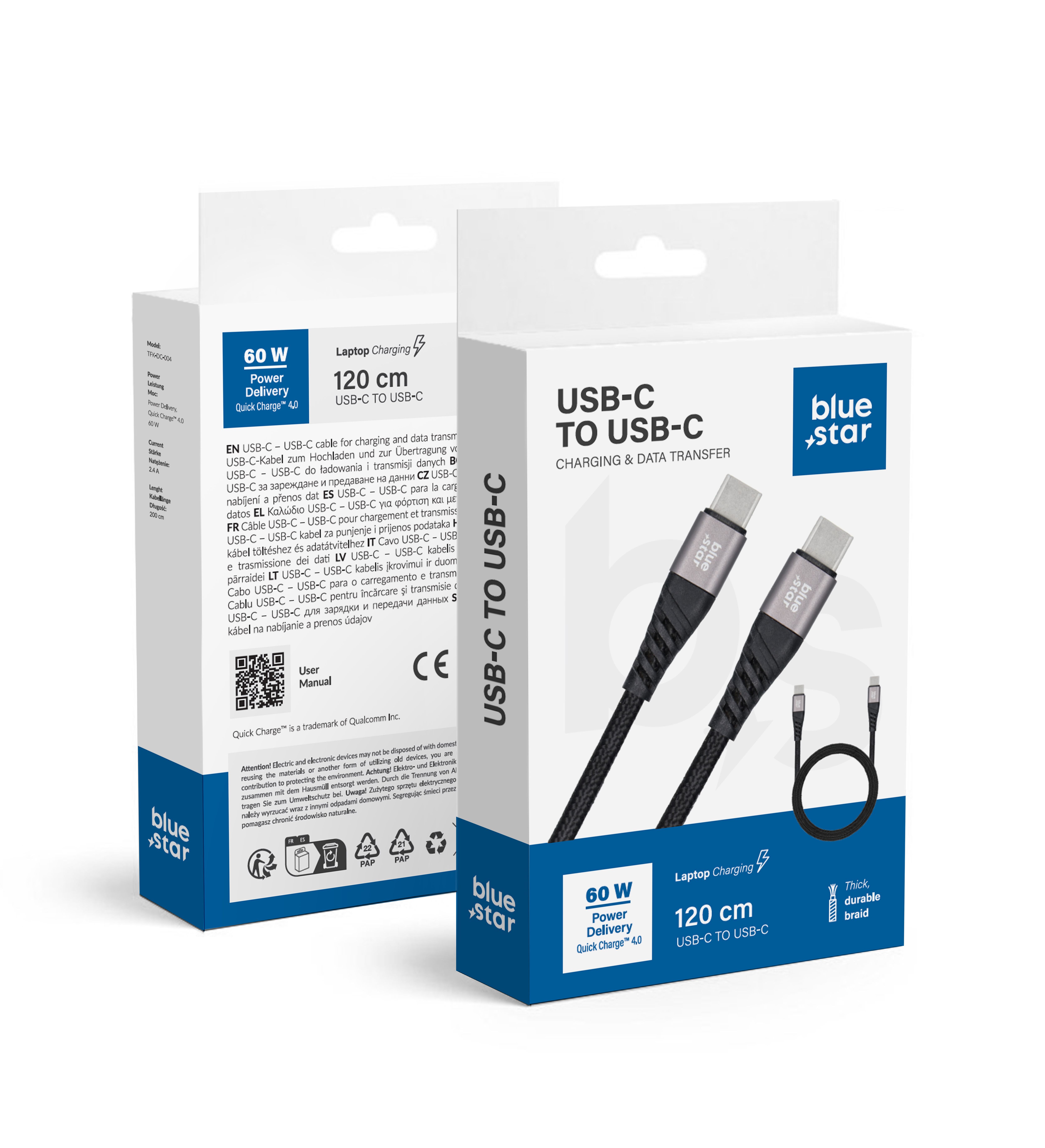 Kaapeli USB C - USB C Blue Star 3A 60W PD QC4.0 punoksella 1,2 m TFK-DC-003 musta