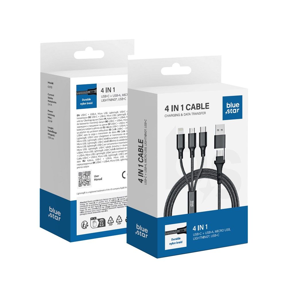 Kaapeli 4in1 USB C / USB A - Micro USB / Lightning / USB C Blue Star 2,4A 12W Cafule 1,2 m C172 musta