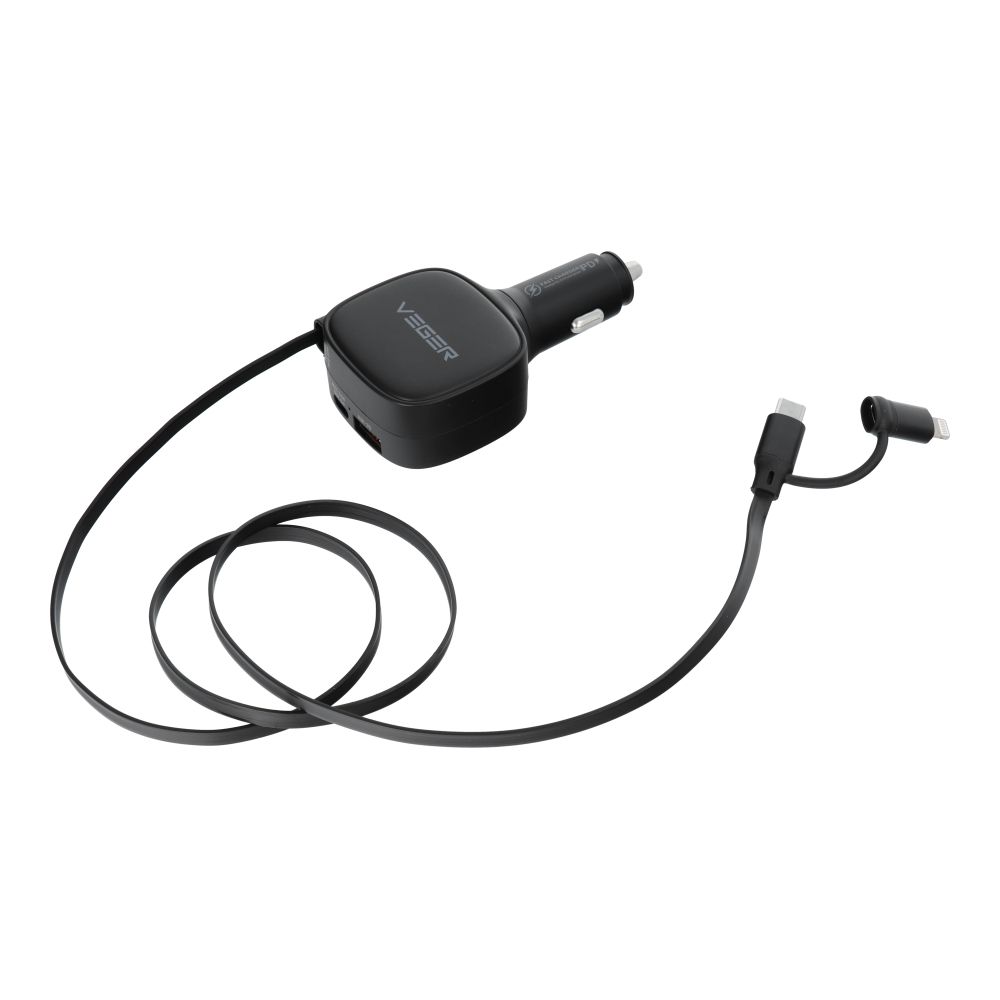 Autolaturi VEGER USB C + kaapeli USB C / Lightning QC PD 84W CC89 musta