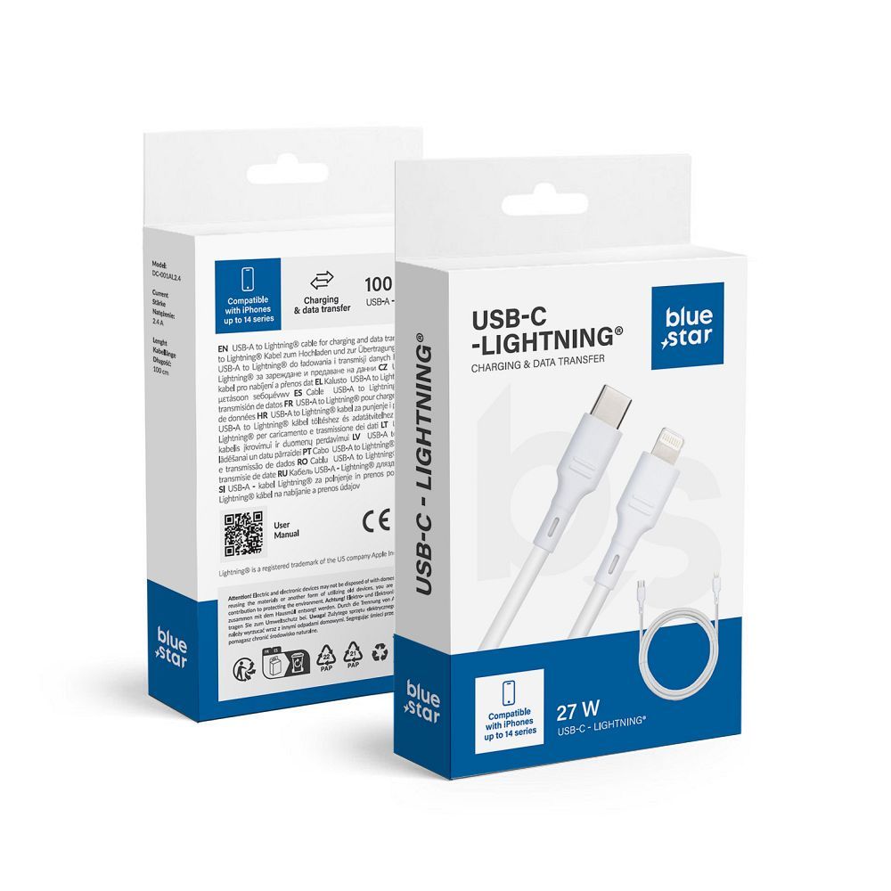 Kaapeli USB C - Lightning Blue Star 2,4A 27W 1m DC-001CL2.4 valkoinen
