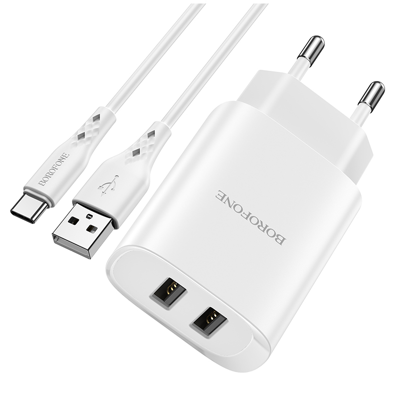 Borofone Seinälaturi BN2 Super - 2xUSB - 2,1A USB-C-kaapelilla valkoinen