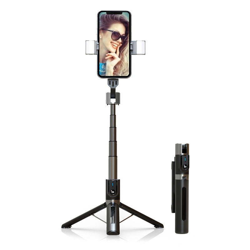 Selfie Stick - irrotettavalla Bluetooth-kaukosäätimellä, jalustalla ja 2 LED-valolla - P96D-2 - musta