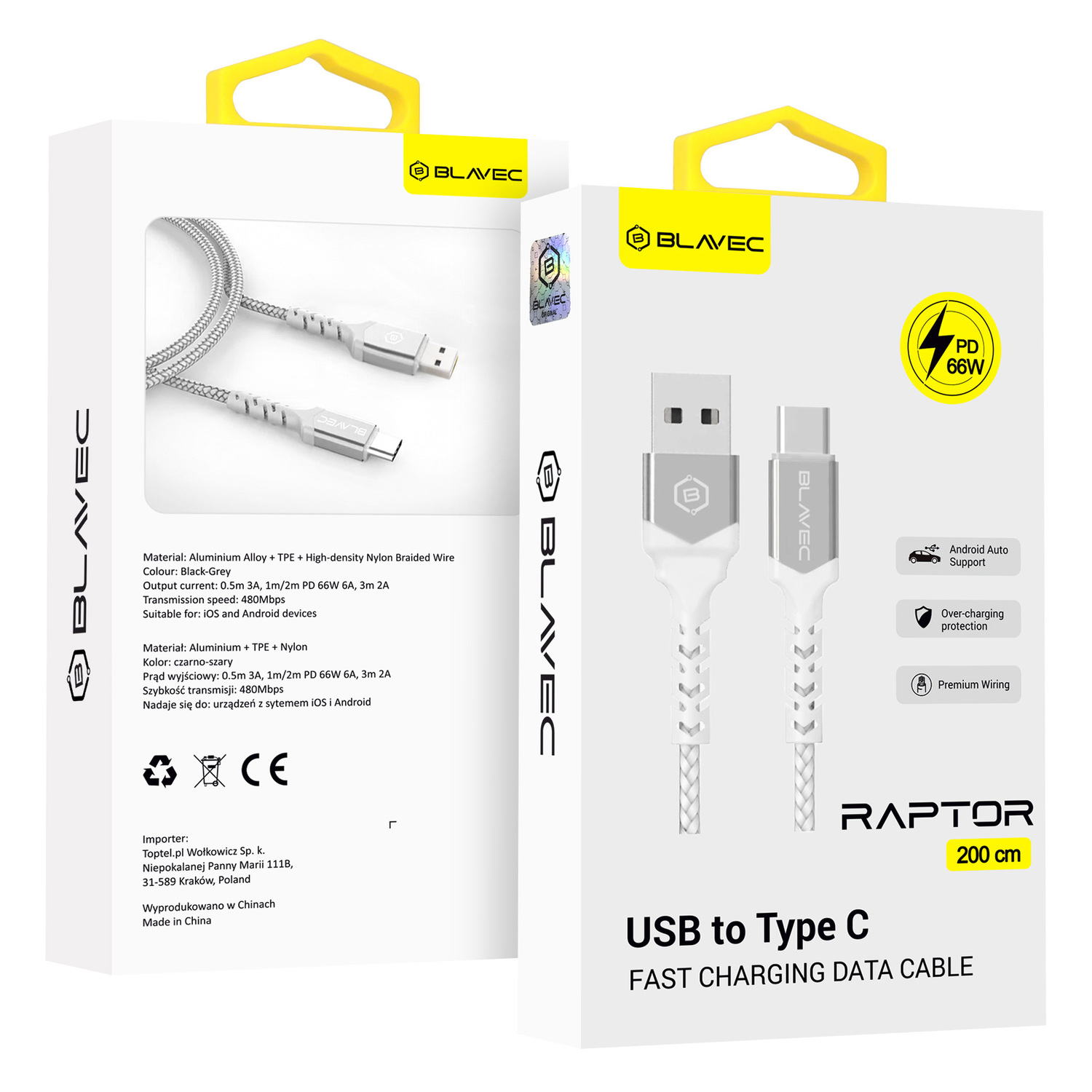 Blavec Raptor punottu Kaapeli - USB - Type C - PD 66W 6A 2 metriä Apple CarPlay/Android Auto (CRA-UC6WS20) valkoinen-hopeinen