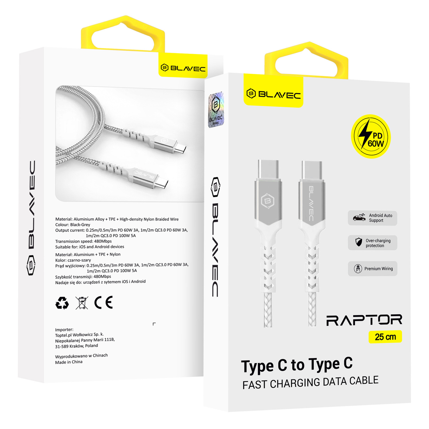Blavec Raptor punottu Kaapeli - Type C - Type C - PD 60W 3A 0,25 metriä Apple CarPlay/Android Auto (CRA-CC3WS025) valkoinen-hopeinen