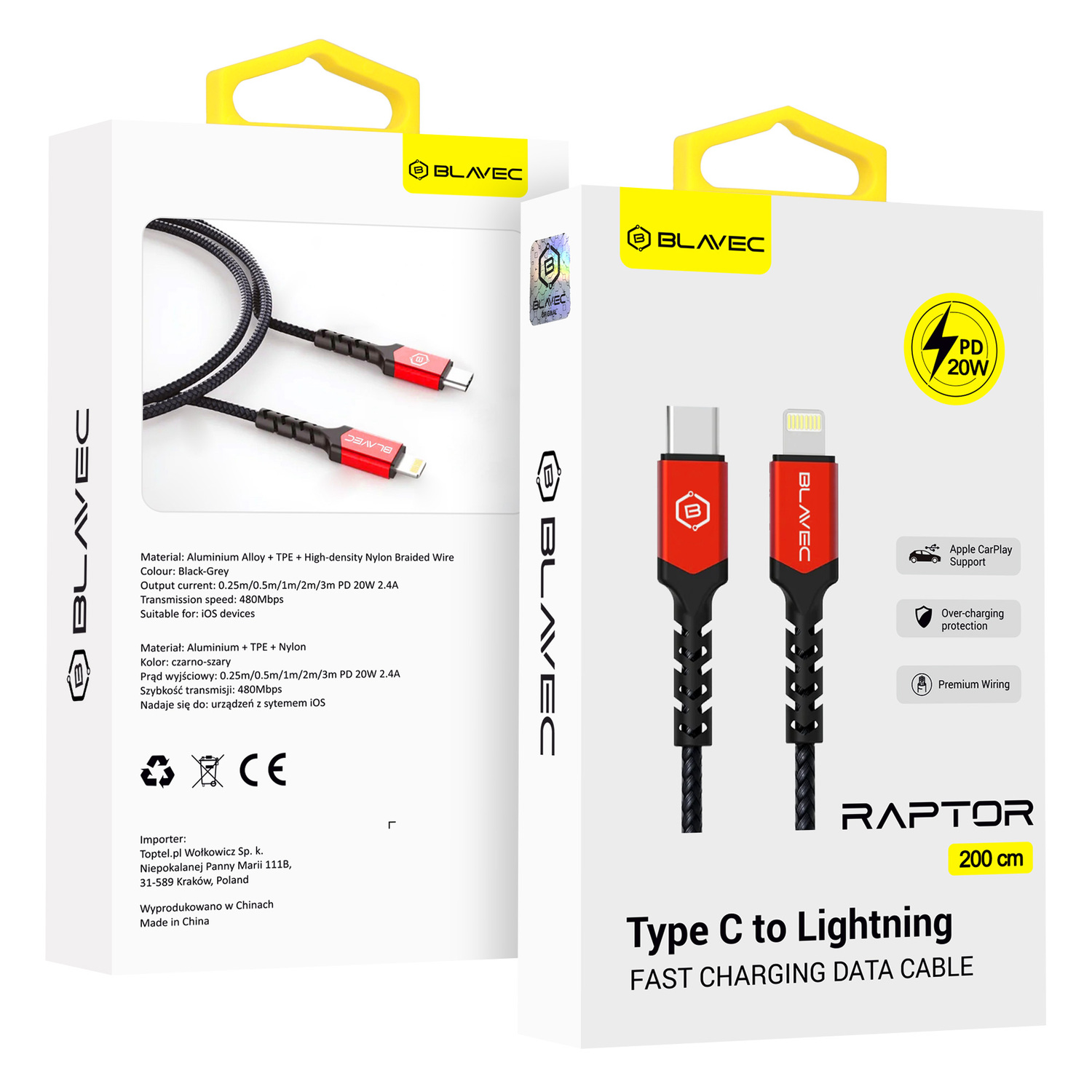 Blavec Raptor punottu kaapeli - Type-C - Lightning - PD 20W 2,4A 2 m Apple CarPlay (CRA-CL24BR20) musta ja punainen