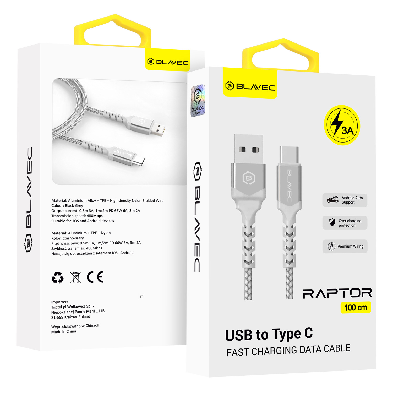 Blavec kaapeli Raptor punottu - USB - Type C - 3A 1 metri Apple CarPlay/Android Auto (CRA-UC3WS10) valkoinen-hopea