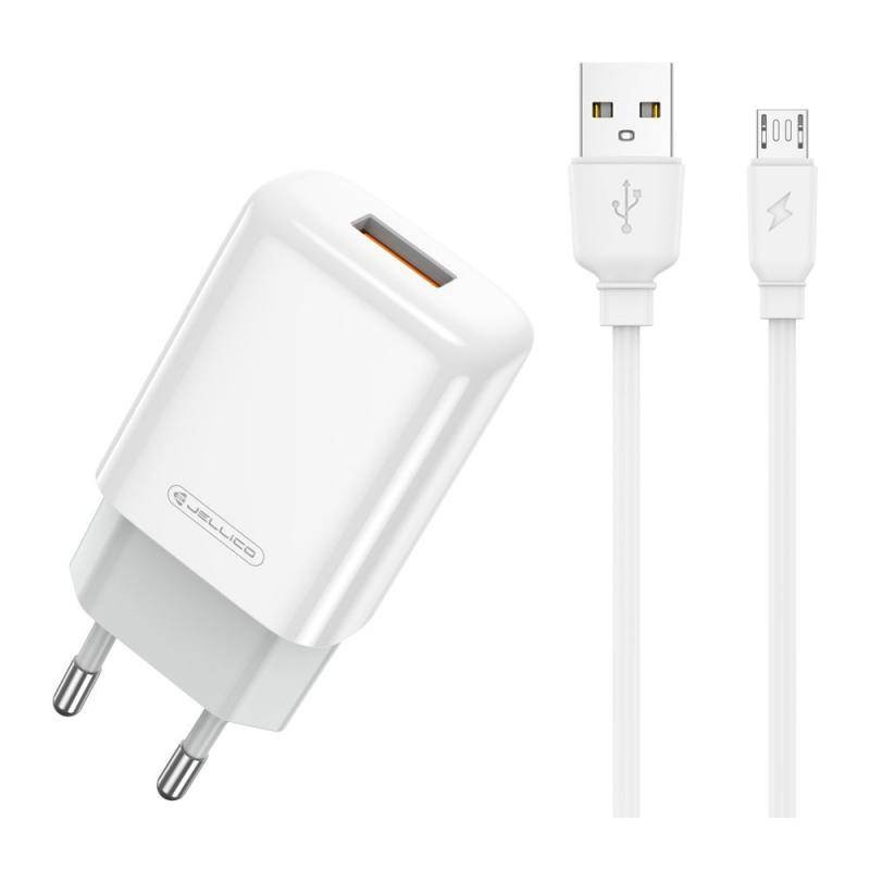 Laturi Jellico EU01 2.4A USB-A + USB-A-MicroUSB-kaapeli 1.0m valkoinen