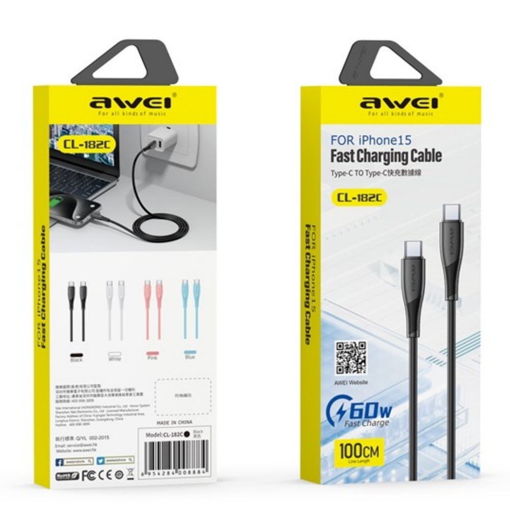 USB cable Awei CL-182C USB-C to USB-C 1.0m white