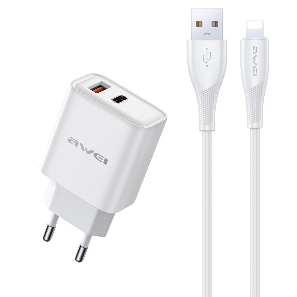 Charger Awei PD81L-EU 22.5W USB-A/USB-C + USB to Lightning cable 1.0m white