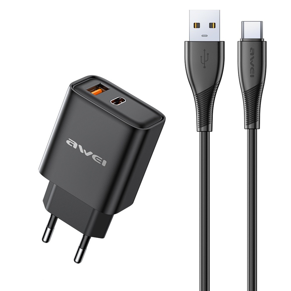 Laturi Awei PD81T-EU 22,5W USB-A/USB-C + USB-A USB-C-kaapeli 1,0m musta