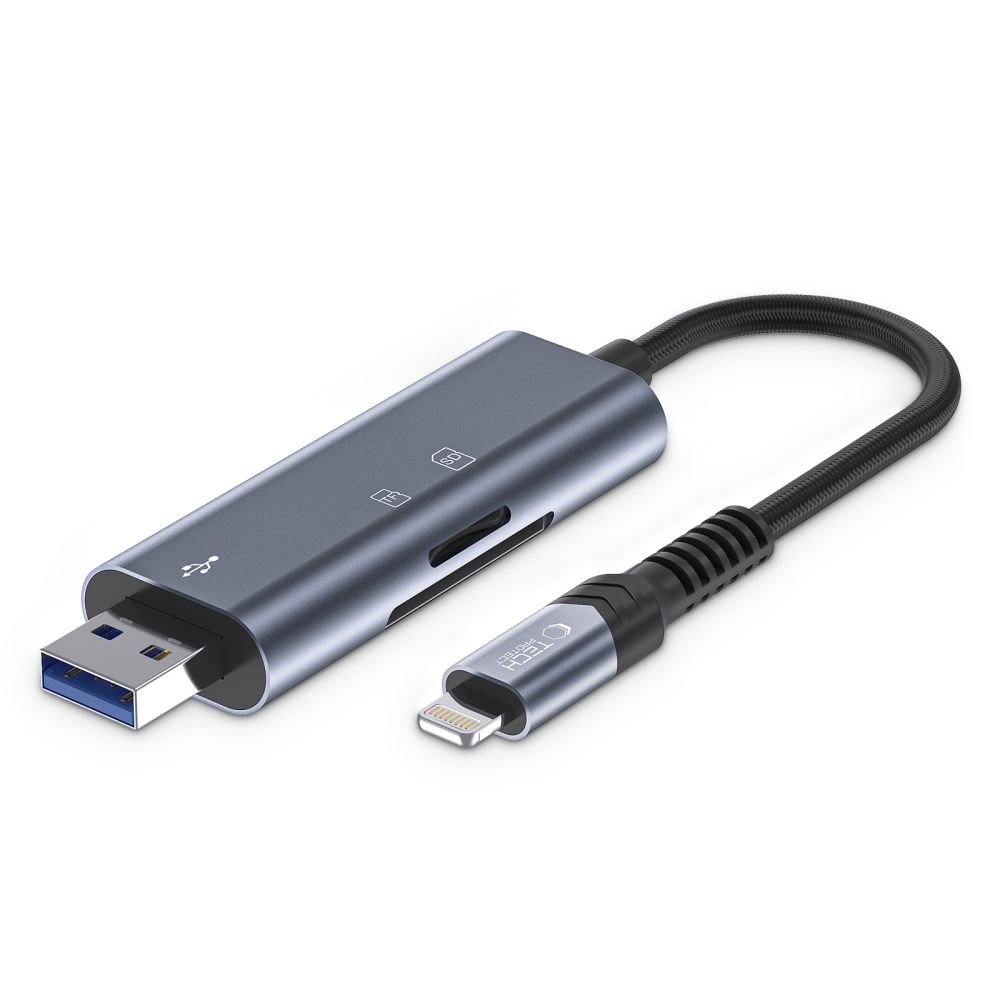 Tech-Protect UltraBoost SD/micro SD -kortinlukija Lightning / USB-A -liittimella - harmaa