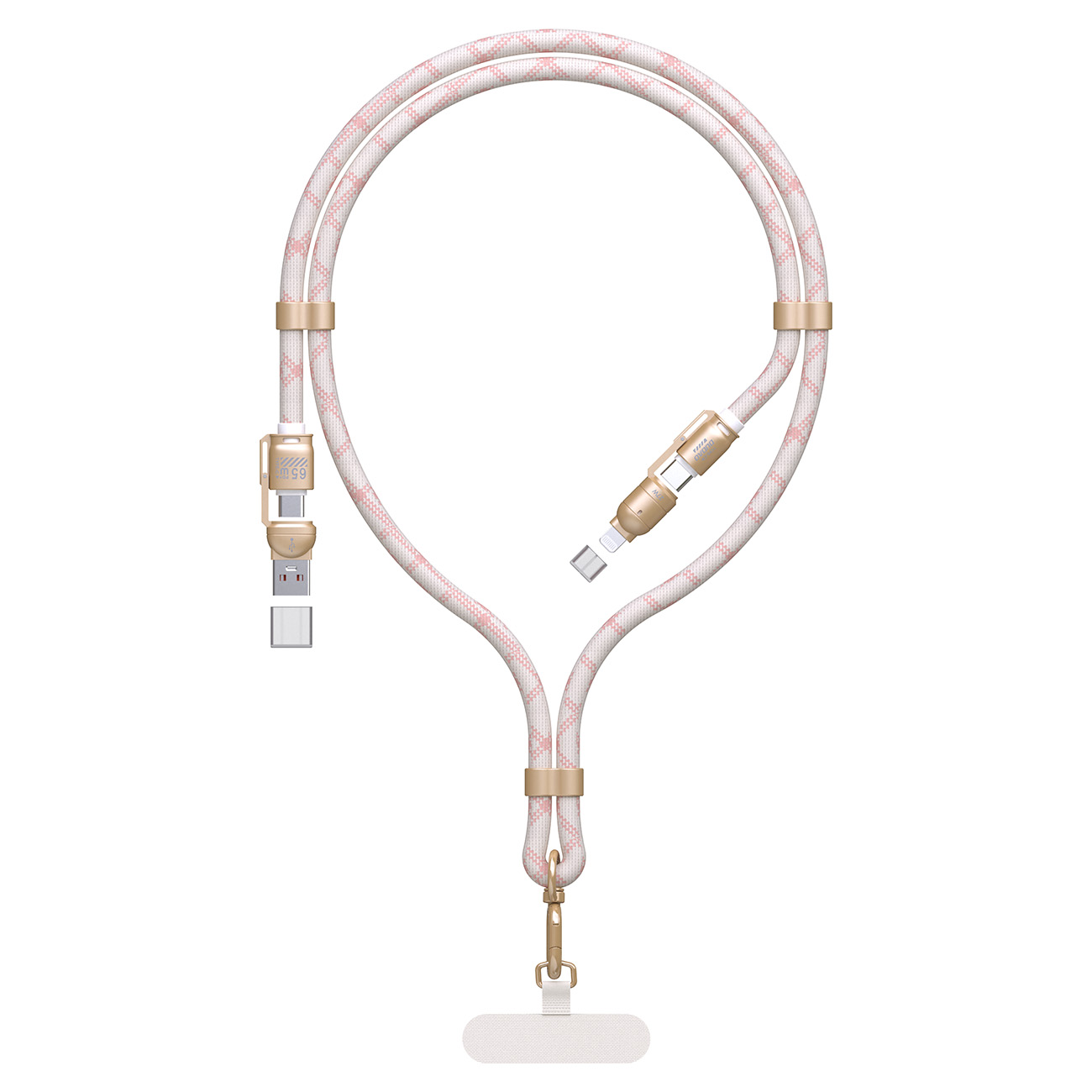 Dudao L20MAX 4in1 kaapeli / kaulanauha USB-A / USB-C / Lightning PD QC 65W 1,5m - Vaaleanpunainen