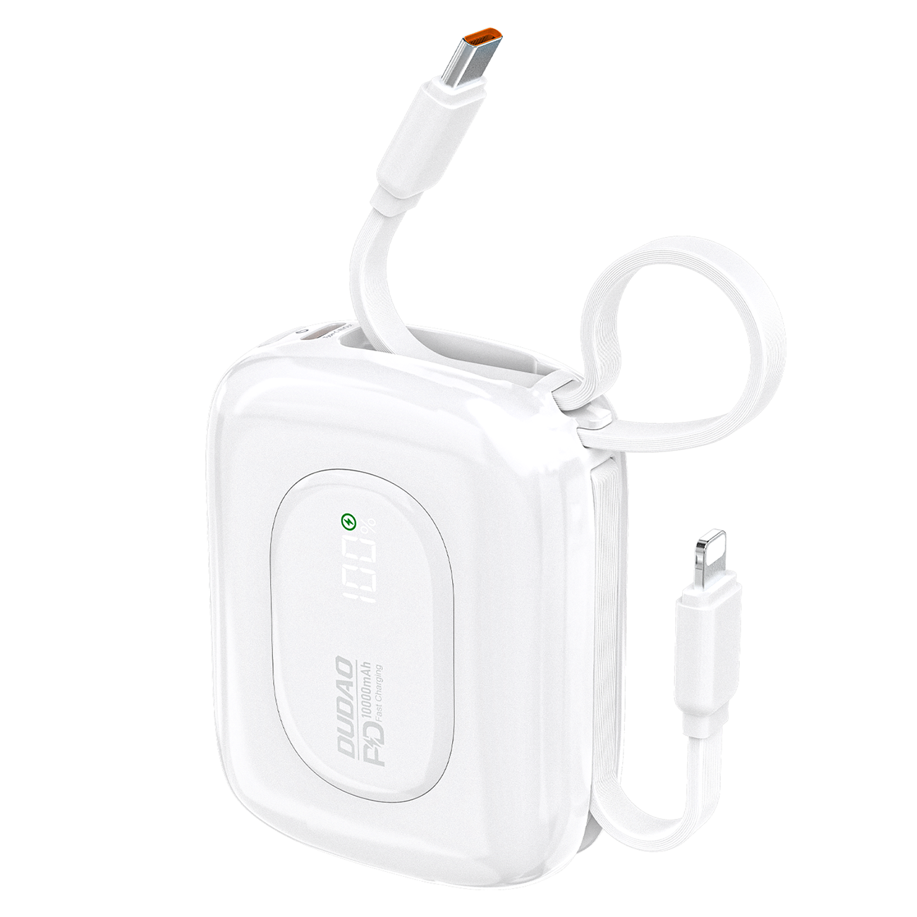 Dudao K32 22.5W 10000mAh Varavirtalähde Sisäänrakennetulla USB-C / Lightning Kaapelilla - Valkoinen