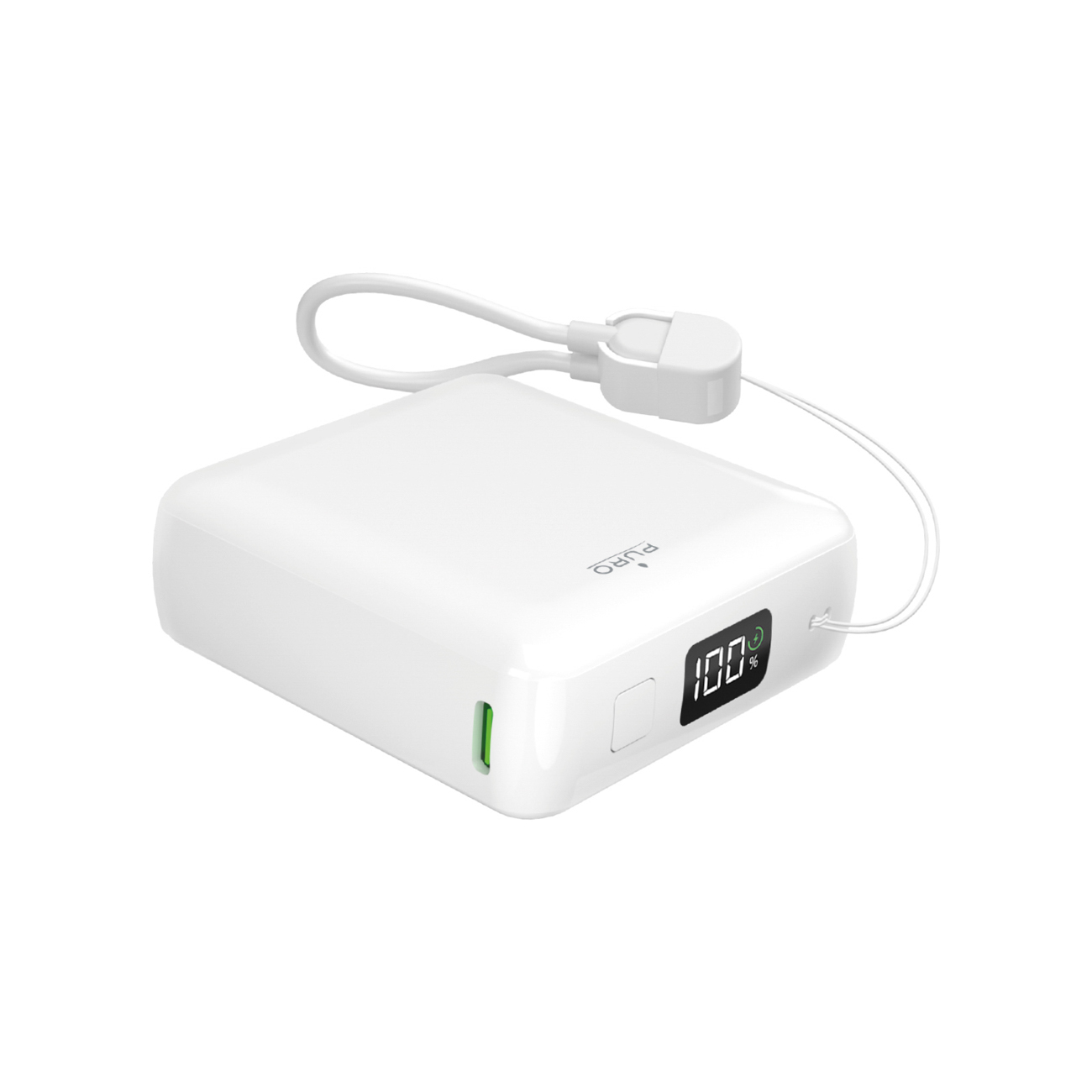 Puro 10000mAh 20W USB-C USB-A Power Bank with Display and Built-in USB-C Cable - White