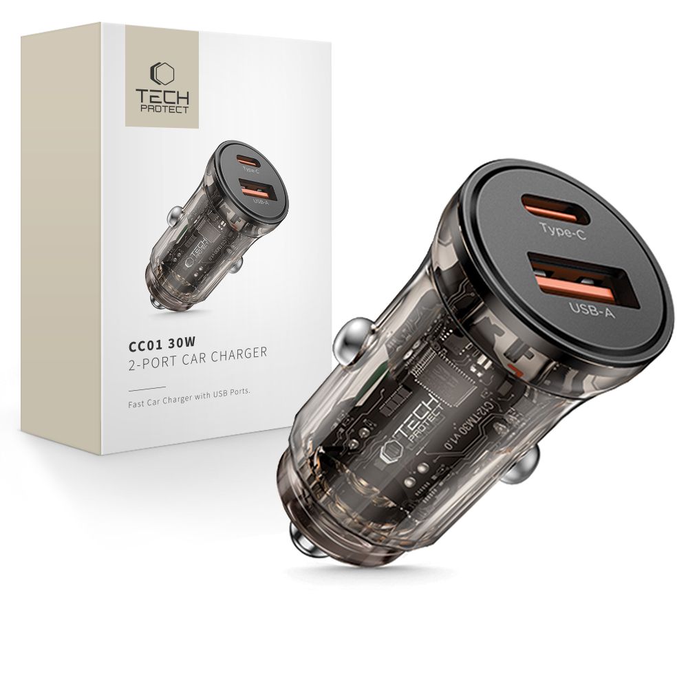Tech-Protect CC01 30W 2-porttinen USB-A / USB-C Autolaturi - musta