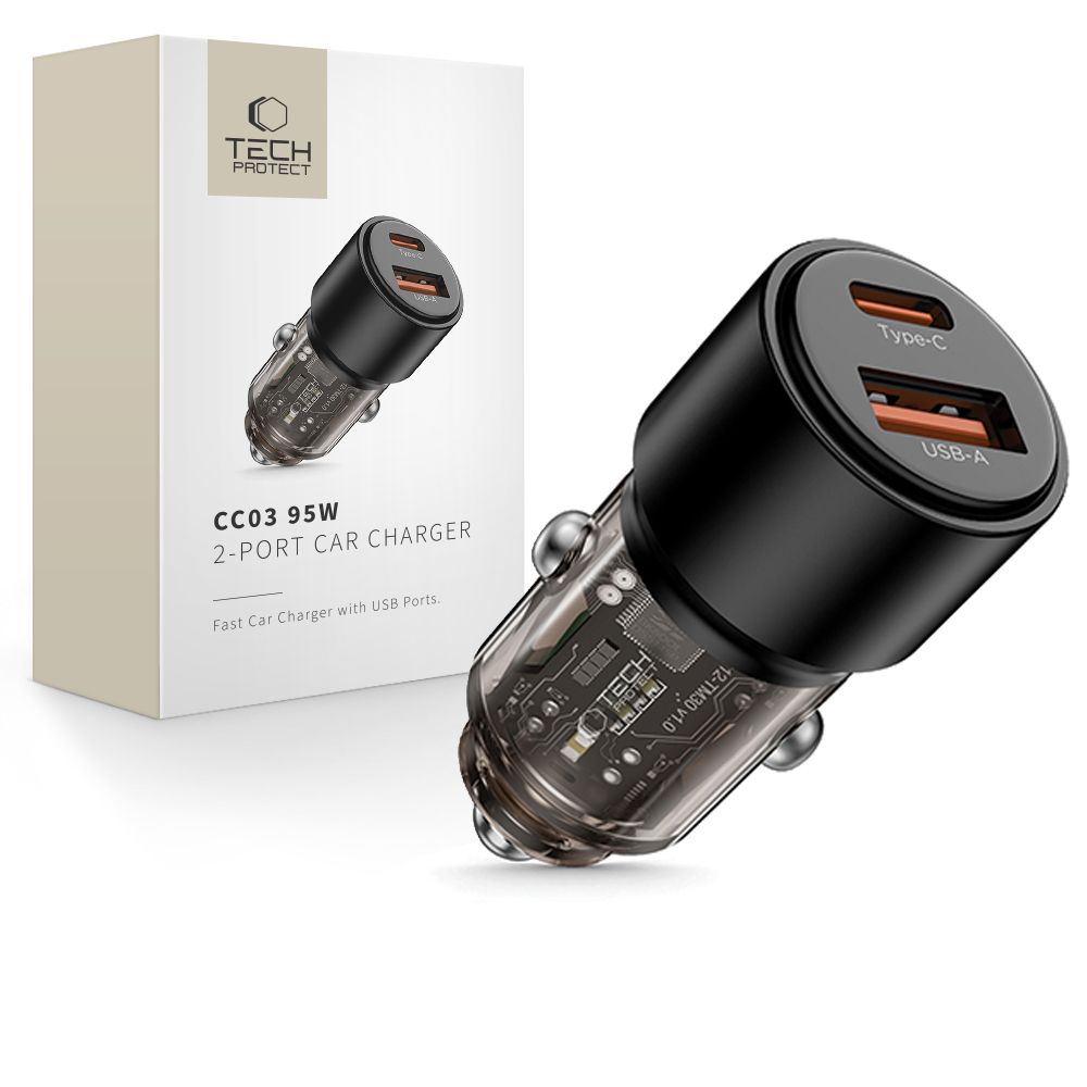 Tech-Protect CC03 95W 2-porttinen USB-A / USB-C Autolaturi - musta