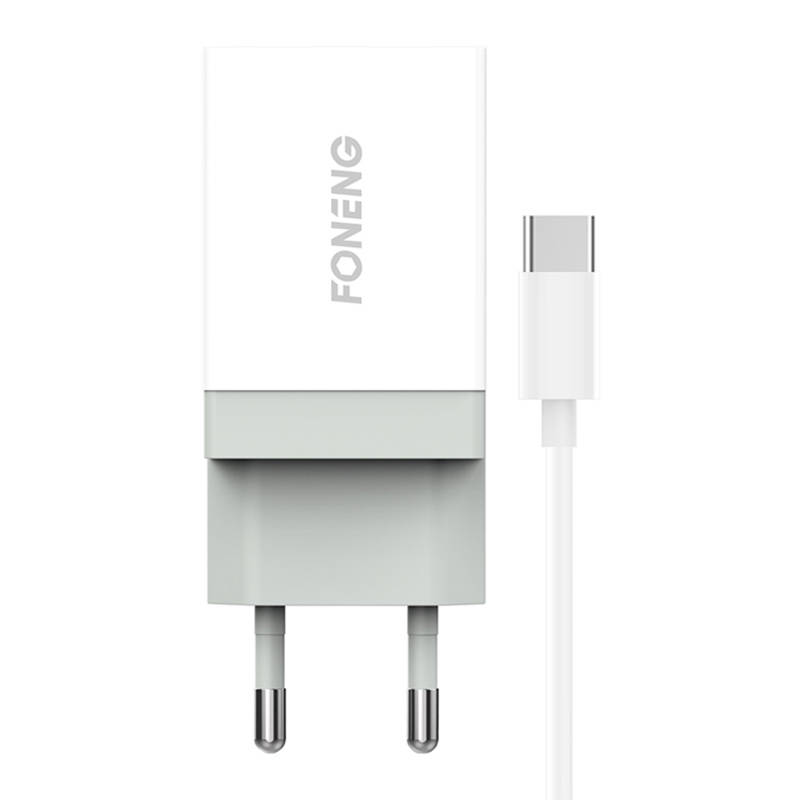 Laturi Foneng K210 2.1A USB-A + USB-A - USB-C kaapeli 1.0m valkoinen