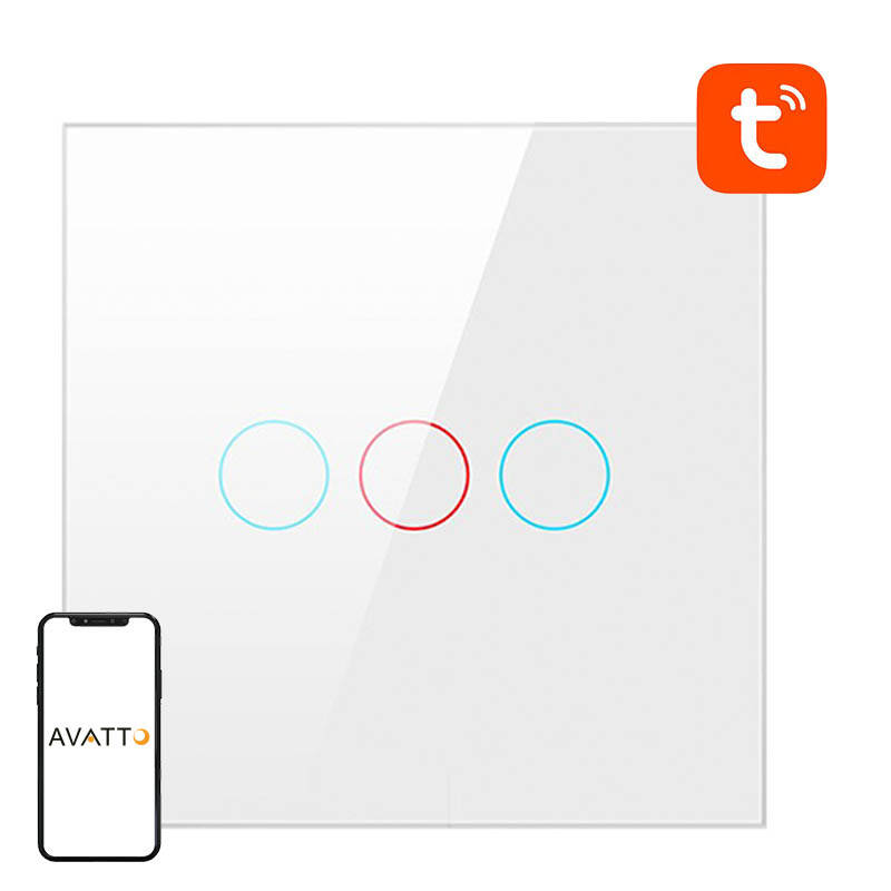Älykäs valokytkin ZigBee Avatto LZTS02-EU-W3 3-napainen ilman nollajohdinta TUYA (valkoinen)