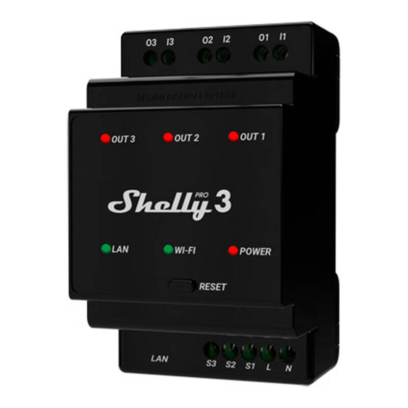 Shelly Pro 3 DIN-kisko 3-kanavainen rele, WiFi/LAN
