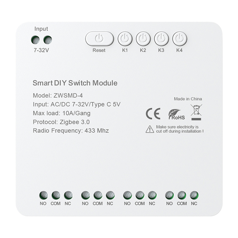 Avatto ZWSMMD-4-32V 4-kanavainen ZigBee-kytkentämoduuli jännitteettömällä DC 32V -kontaktilla