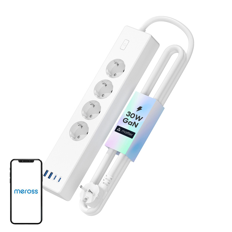 Meross MSP844(EU) älykäs pikalaturi jatkojohto, 4 pistorasiaa + 2x USB-A + 2x USB-C (Matter)