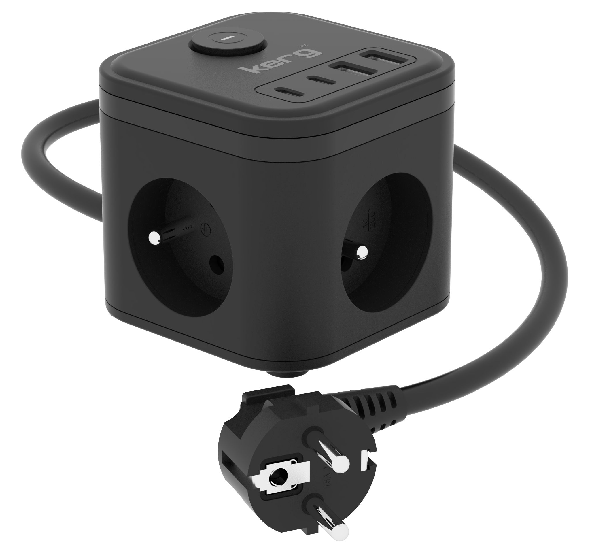 KERG 3-pistorasian virtakuutio + pikalaturi USB-A+USB-C 1.5m 3×1.5mm2 H05VV-F 16A/250V~ Smart musta