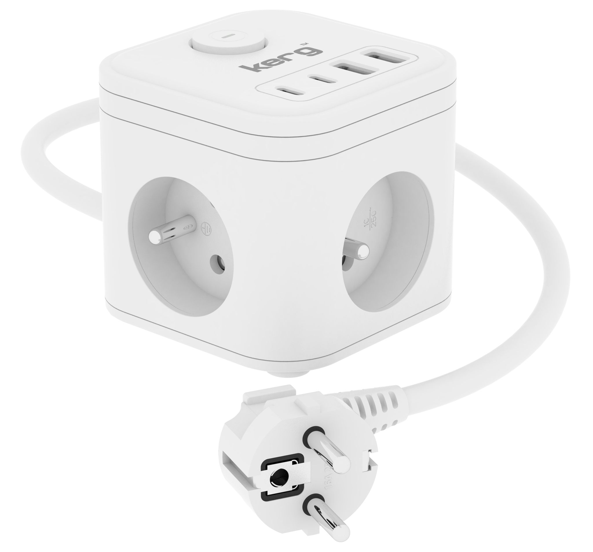 KERG 3-pistorasian virtakuutio + USB-A+USB-C laturi 1.5m 3x1.5mm2 H05VV-F 16A/250V~ Smart valkoinen