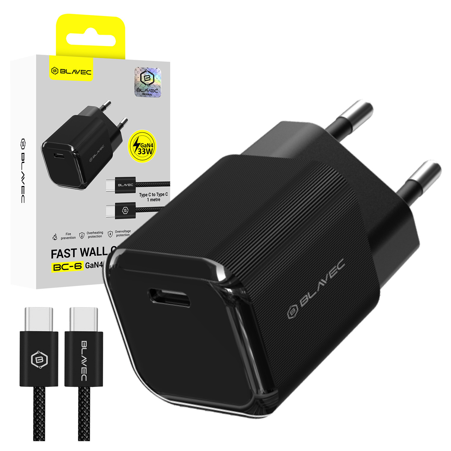 Blavec seinälaturi BC-6 GaN4 - Type C - PD QC 33W 3A Type C - Type C -kaapelilla (TCBC6G4-CB333A+CC) musta