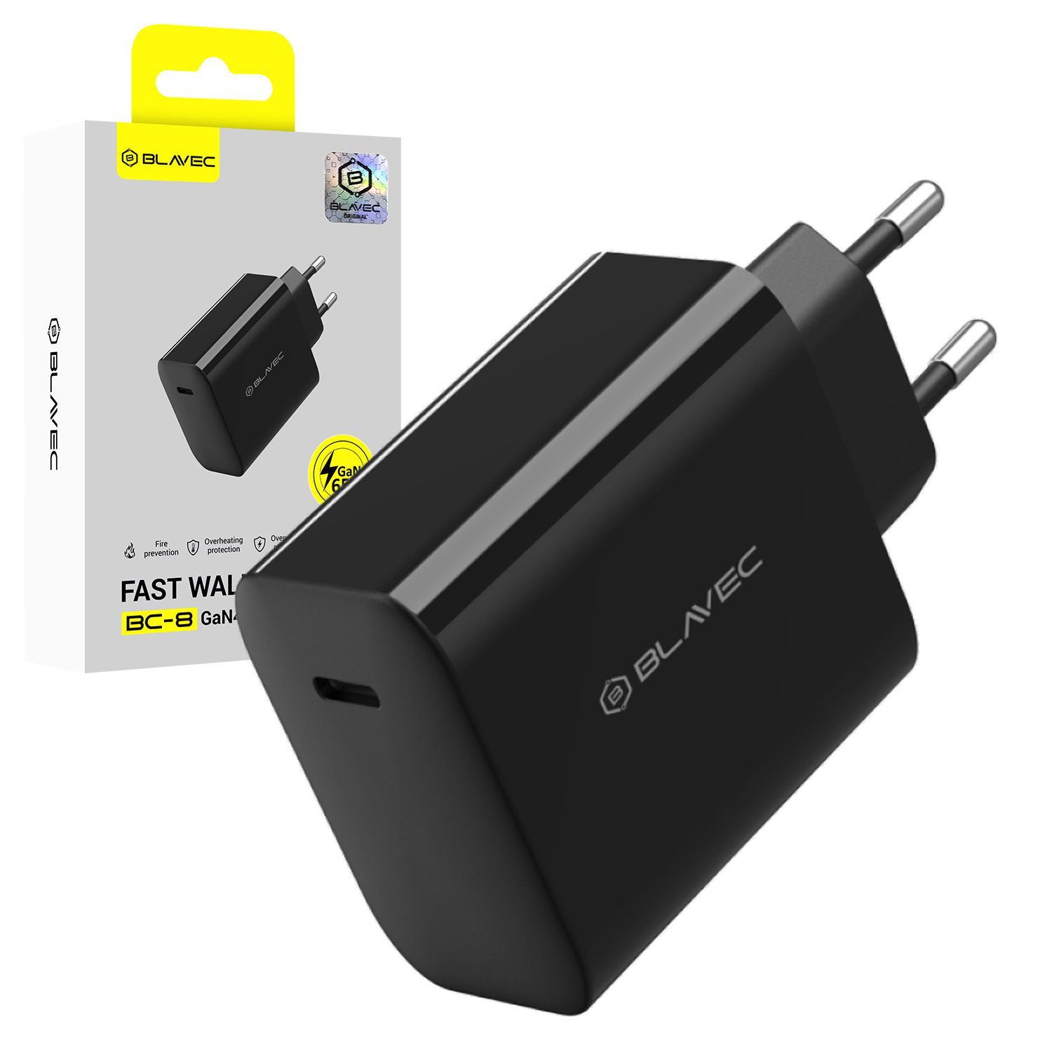 Blavec seinälaturi BC-8 GaN4 - Type C - PD QC 65W 3A (TCBC8G4-CB653A) musta