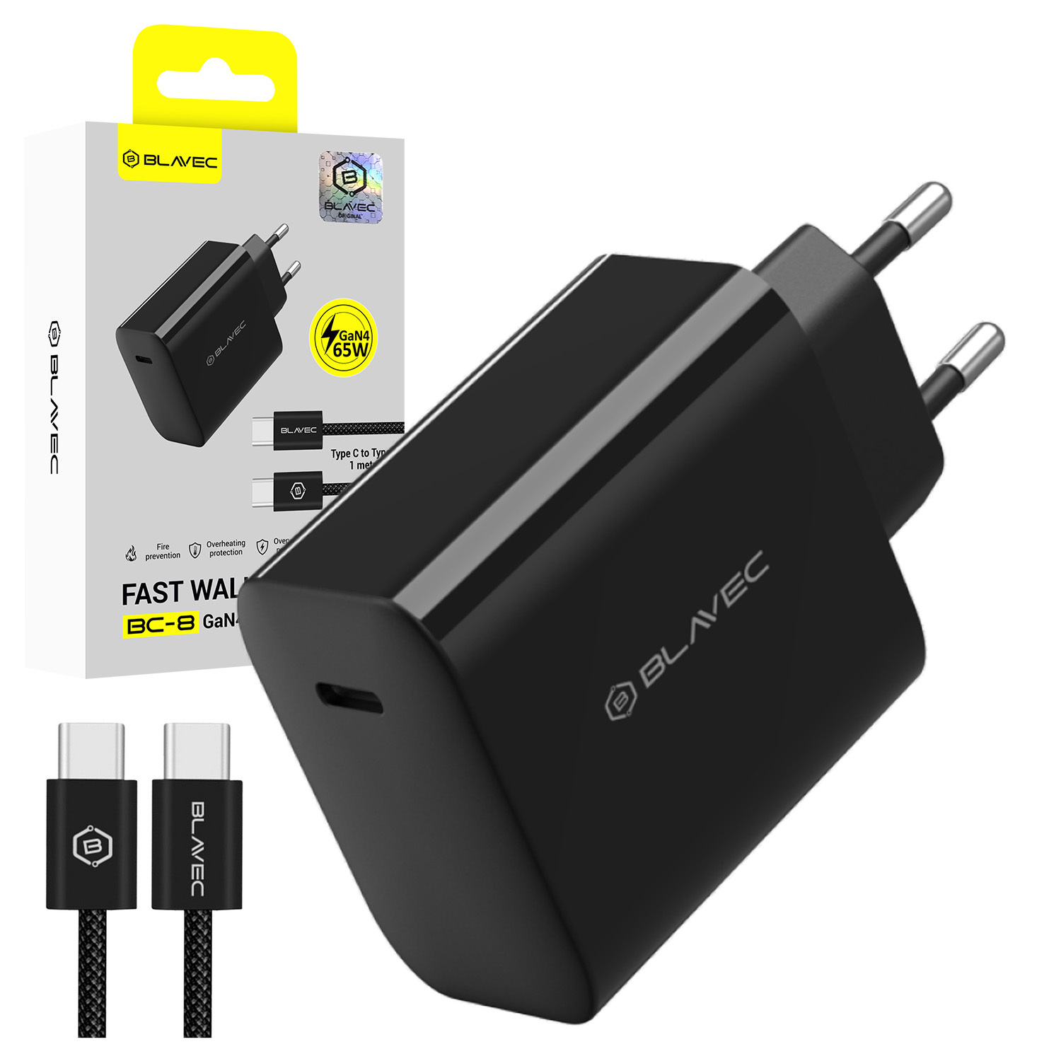 Blavec seinälaturi BC-8 GaN4 - Type C - PD QC 65W 3A Type C to Type C -kaapelilla (TCBC8G4-CB653A+CC), musta