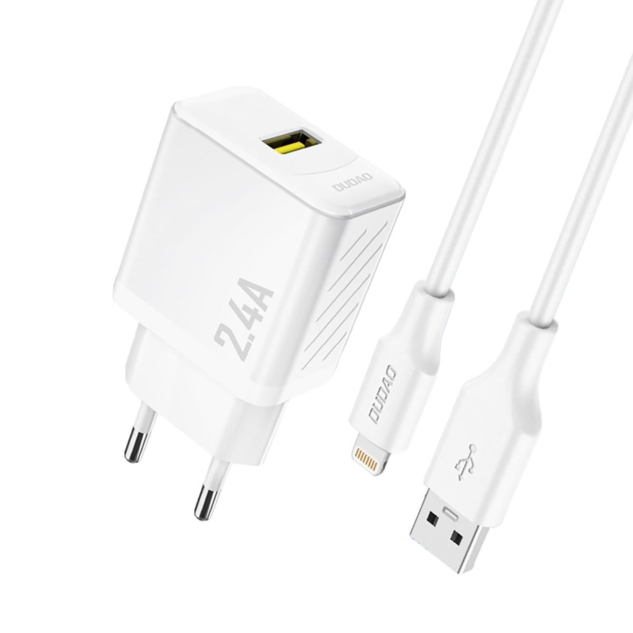 Dudao A23LEU 2,4A GaN EU USB-A seinälaturi USB-A - Lightning kaapelilla - valkoinen