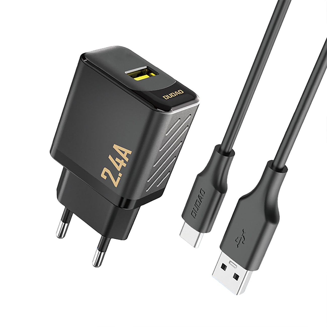 Dudao A23TEU 2,4A GaN USB-A seinälaturi USB-A - USB-C kaapelilla - musta