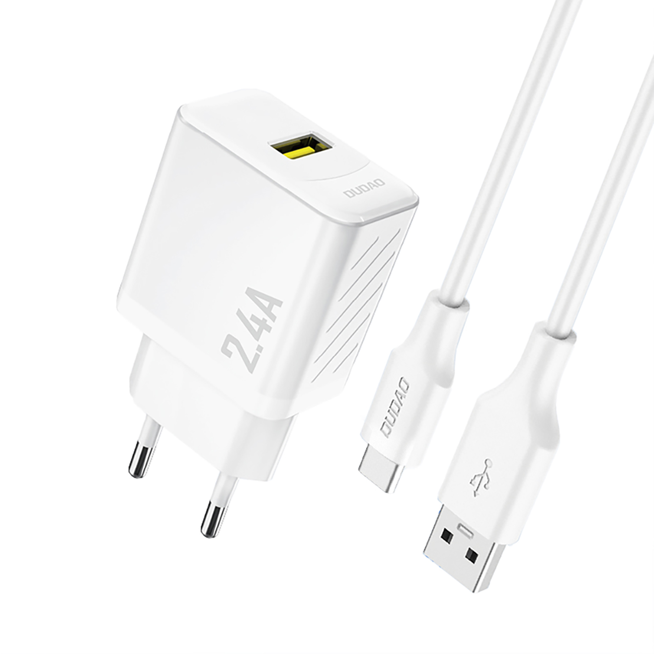 Dudao A23TEU 2,4A GaN USB-A seinälaturi USB-A - USB-C kaapelilla valkoinen