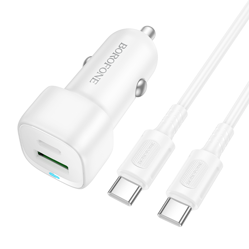 Borofone BZ34B Cloud USB + Type-C QC3.0 PD 38W autolaturi Type-C - Type-C -kaapelilla, valkoinen
