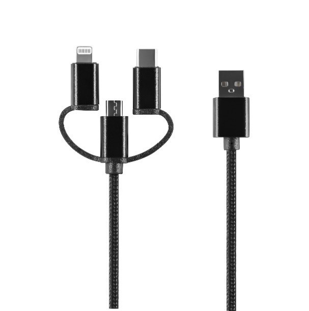 Setty 3in1 kaapeli USB - Lightning + USB-C + microUSB 1,0 m 2A musta nylon DT