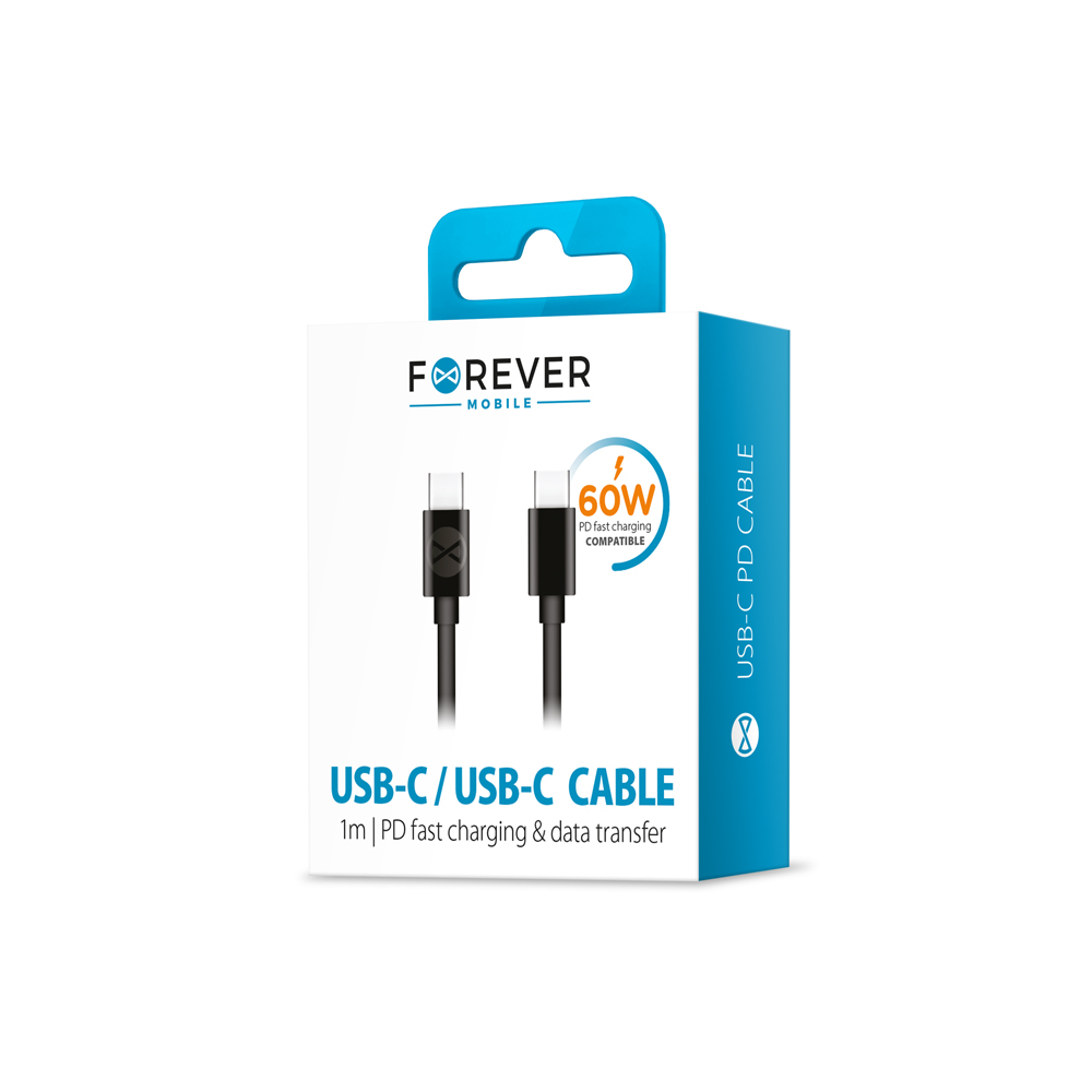 Forever kaapeli USB-C - USB-C 1,0 m 60W musta