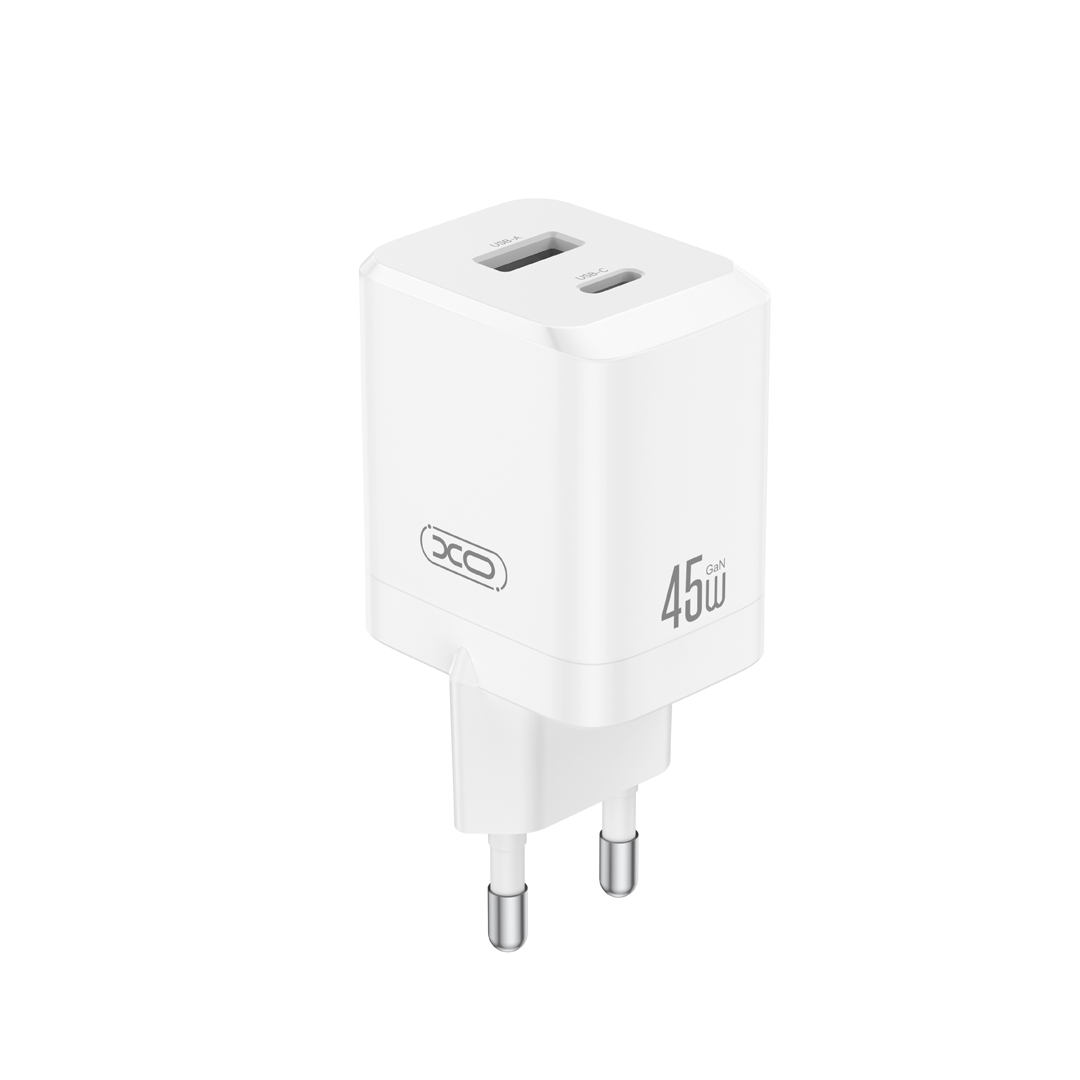 XO seinälaturi CE36 PD 45W 1x USB-C 1x USB valkoinen + kaapeli USB-C - USB-C