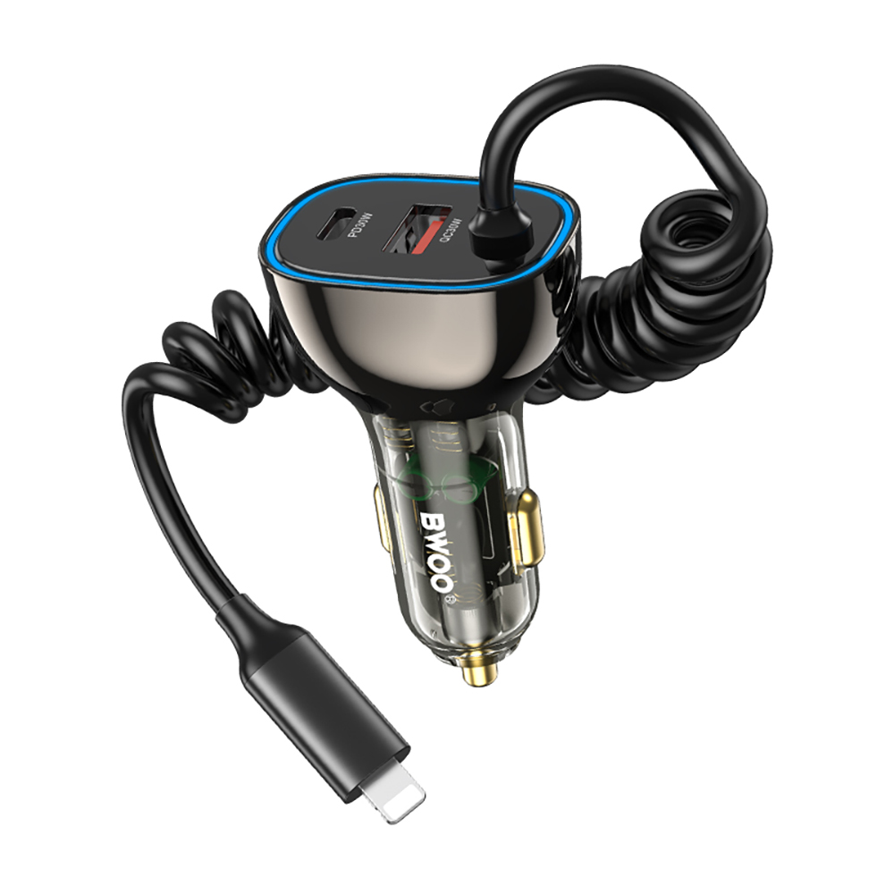 BWOO CC96L 30W PD autolaturi 1x USB-C 1x USB lightning-kaapelilla harmaa