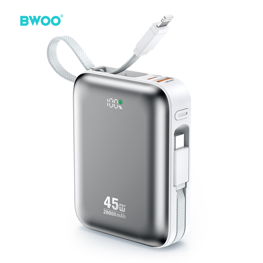 BWOO 20000mAh Fast Charging Power Bank PD45W With 2 Cables Type C and Lightning P78 silver