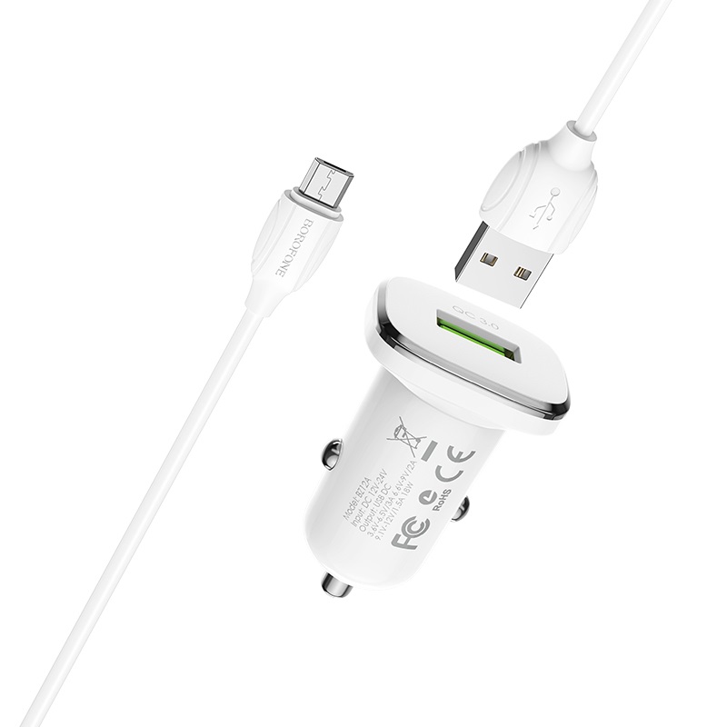 Borofone BZ12A Lasting Power QC3.0 18 W autolaturi Micro-USB-kaapelilla, valkoinen