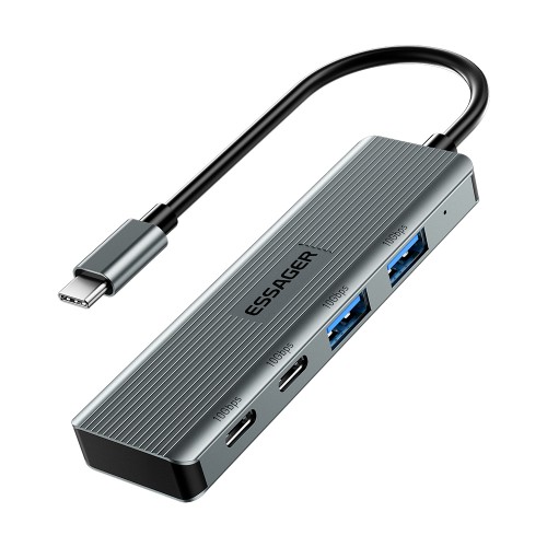 Adapter Essager "4 in 1" Grey (In: Type-C, Out: 2xUSB-C and 2xUSB)