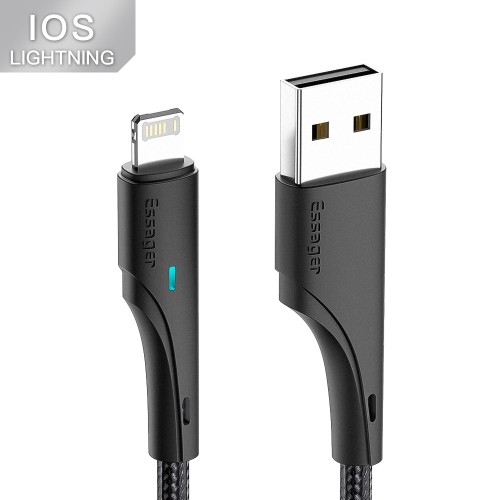 USB kaapeli Essager Rous musta Lightning 100cm LED-merkkivalolla